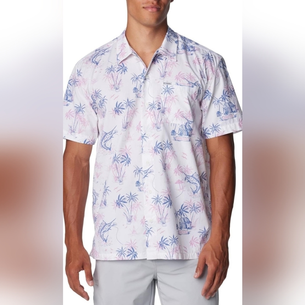 Columbia Men's Pink and Blue Tropical Shirt